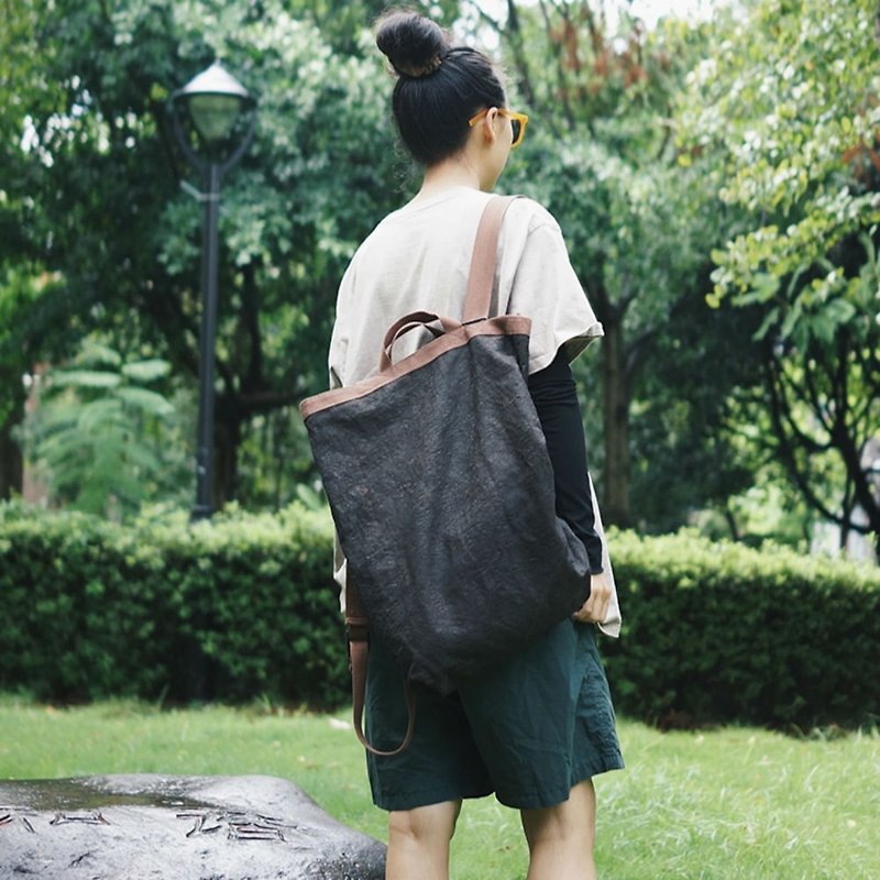After dual sided dark brown vegetable dyes hand carry the backpack shoulder bag buttercup silk jacquard cotton Linen material - Backpacks - Cotton & Hemp Brown