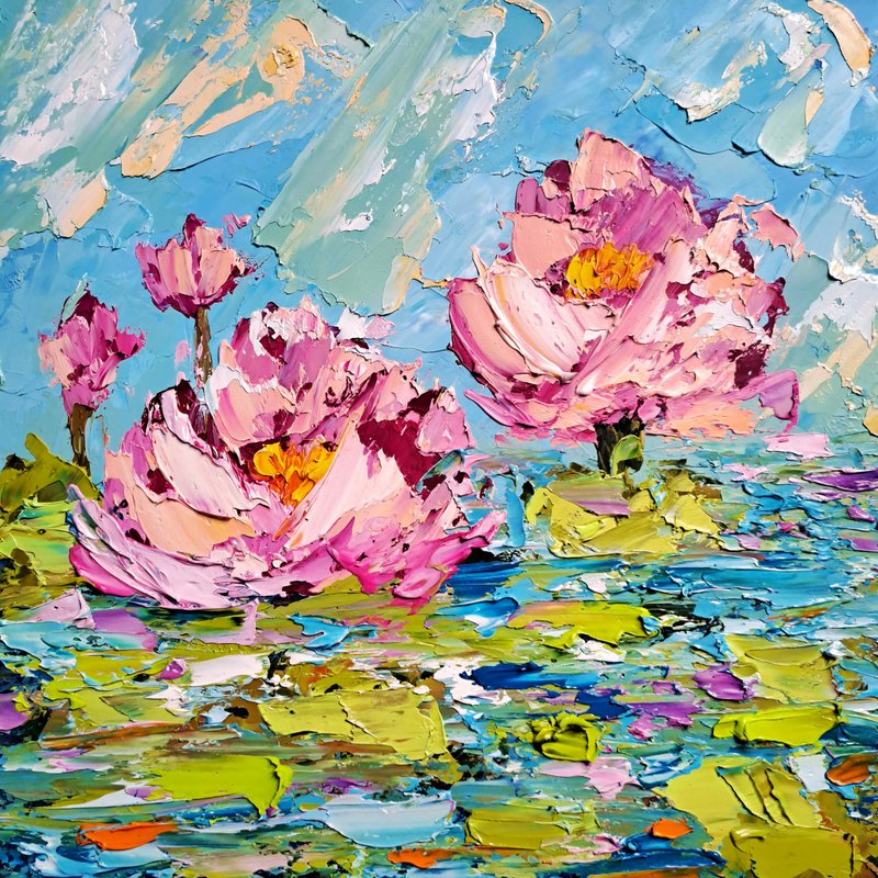 Lotus Oil Painting Flowers Impasto Original Art Floral Artwork Water Lilies Art - ตกแต่งผนัง - วัสดุอื่นๆ หลากหลายสี