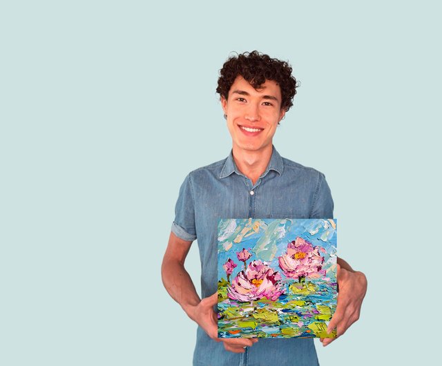 蓮の油絵花厚塗りオリジナルアート花のアートワーク睡蓮アート