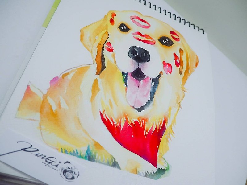 手繪水彩-客製寵物肖像畫 似顏繪狗畫像【不含框】毛孩:黃金獵犬 - 喜帖 - 紙 黃色
