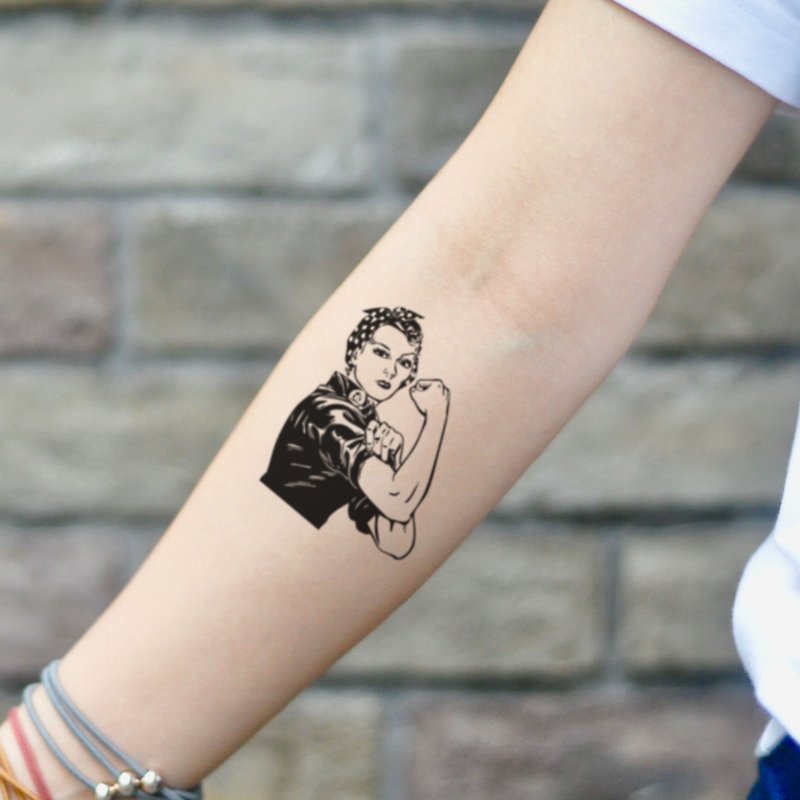 OhMyTat 女子鉚釘工 Rosie The Riveter 刺青圖案紋身貼紙 (2 張) - 紋身貼紙 - 紙 黑色