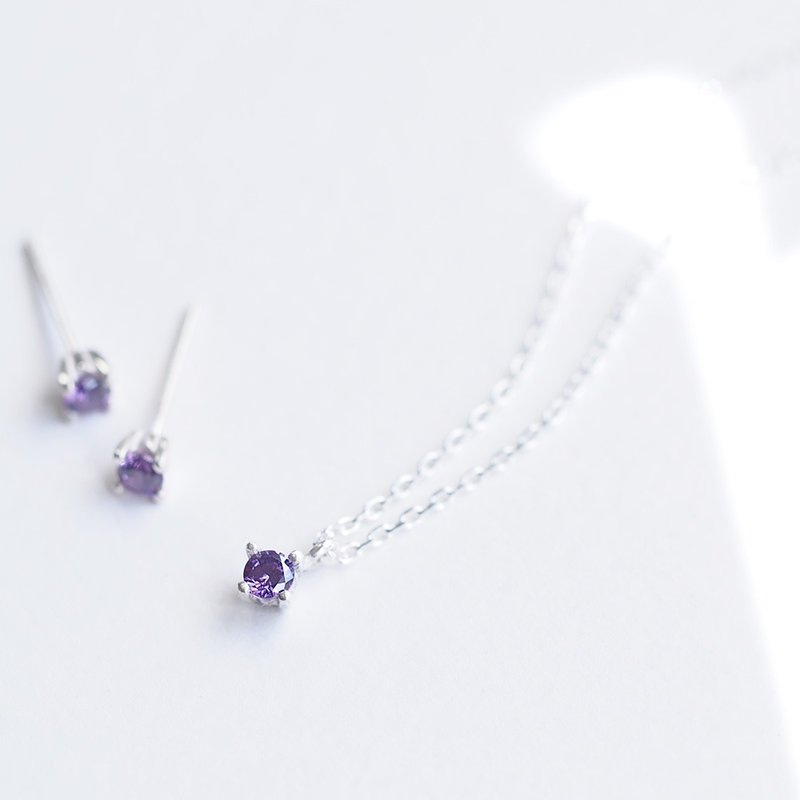2コset) 一粒 アメジスト ネックレス ピアス セット シルバー925 - 項鍊 - 其他金屬 紫色