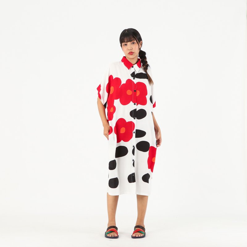 Shirt Dress Kaftan Cotton Rayon Hand Paint Free Size - 洋裝/連身裙 - 棉．麻 白色