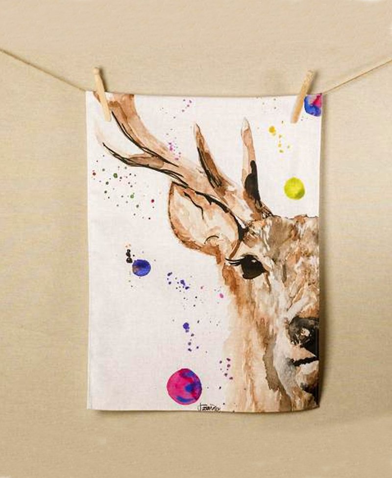 British Scott Inness Scotland hand-painted splash ink male deer totem kitchen special large towel/dish towel - เครื่องครัว - ผ้าฝ้าย/ผ้าลินิน สีนำ้ตาล