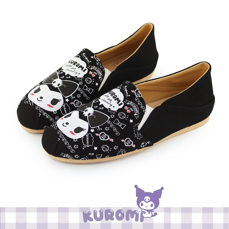 Kuromi Cool Mi Cute Face Series Sweet and Cool Print 2WAY Lazy Shoes Non-Bending Shoes Casual Shoes - Black - รองเท้าลำลองผู้หญิง - ผ้าฝ้าย/ผ้าลินิน สีดำ