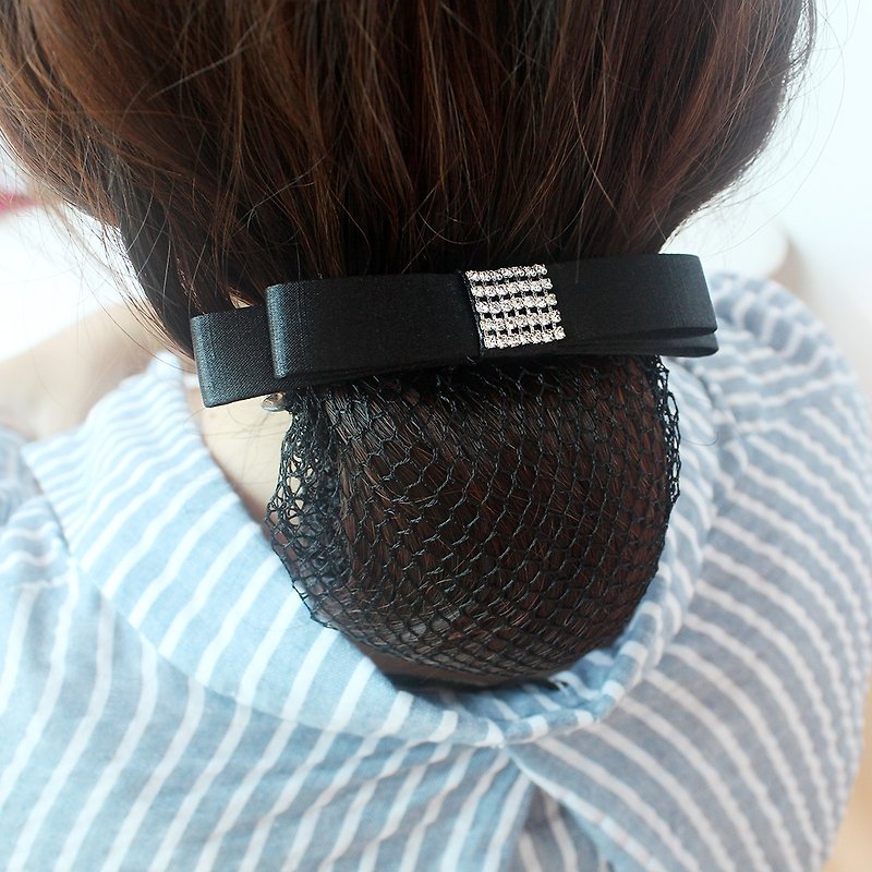Black Fabric Ribbon Bow white Crystal Rhinestone Hair Bun Net  Cover Barrette - Hair Accessories - Other Materials Black