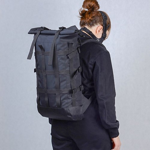 Kossmoss Black roll top backpack Webbing rolltop black bag Bike backpack