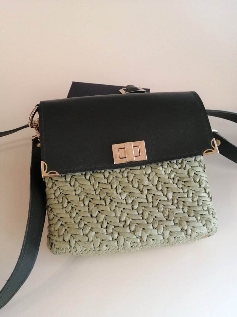 HANDBAG, RAFFIA Crossbody Bag, Crochet Raffia Pattern Shoulder Strap Leather Pur - Handbags & Totes - Genuine Leather Green