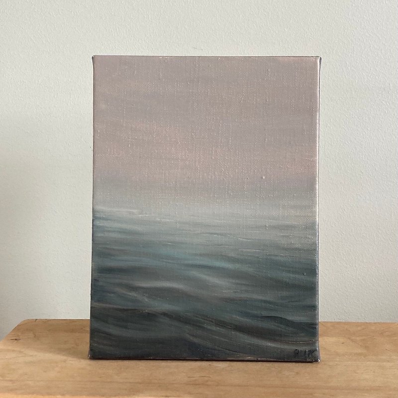 Small Moody Painting, Landscape Painting, Foggy Ocean Art,Oil Painting On Canvas - 掛牆畫/海報 - 棉．麻 灰色