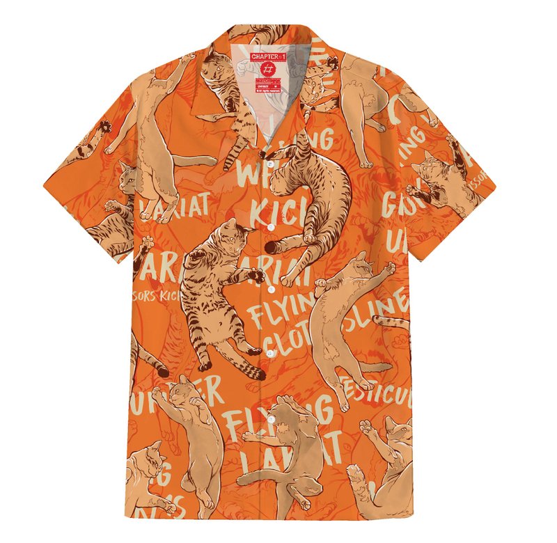 Orange Cat Dancing Italain Silk Hawaii Shirt Over Size - 男襯衫/休閒襯衫 - 其他材質 白色