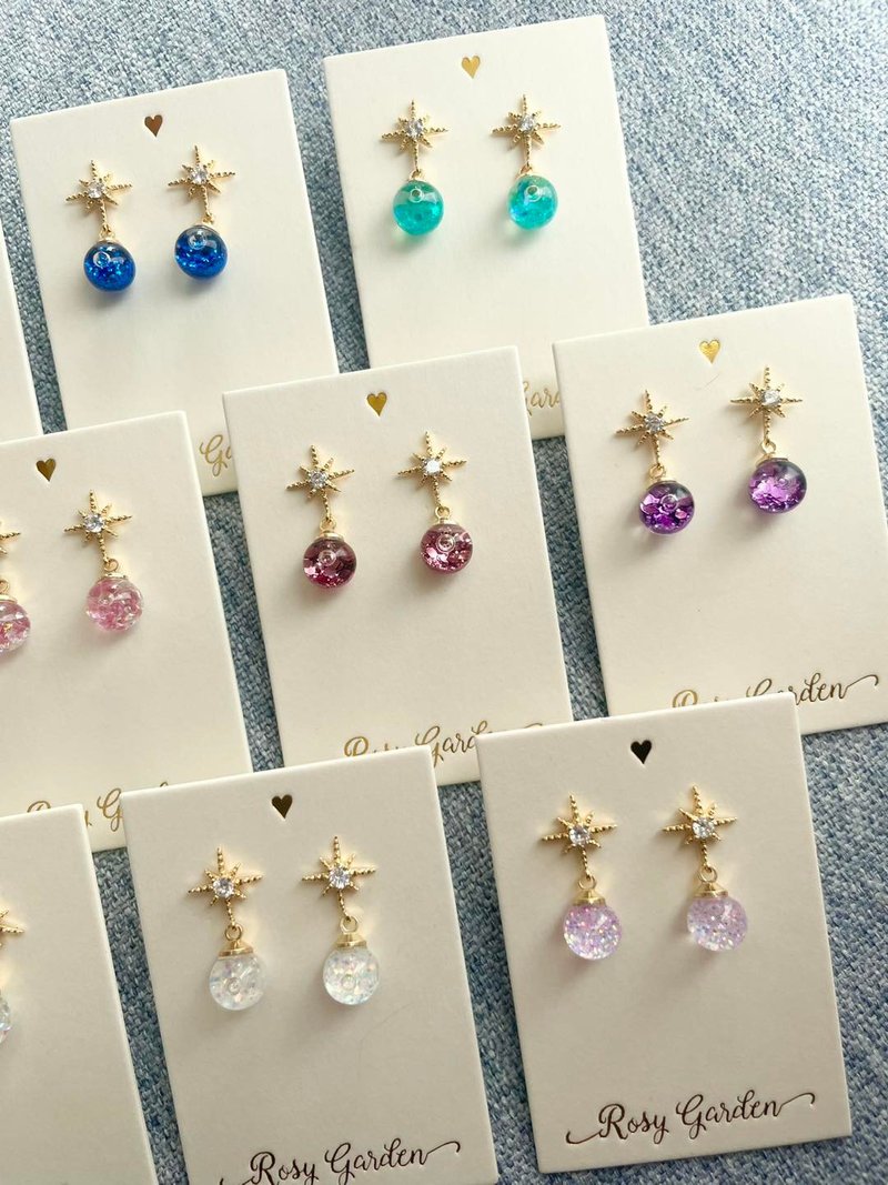 Rosy Garden Zircon cross star with water inside glass ball earrings - ต่างหู - แก้ว หลากหลายสี