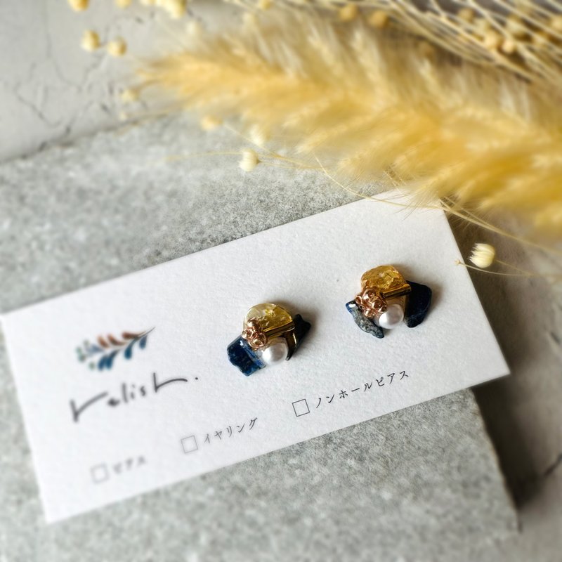 【再販】華やか 上品 淡水パール×天然石 金継ぎピアス イヤリング ノンホールピアス ラピスラズリ クラック水晶 ビーズ - 耳環/耳夾/耳骨夾 - 石頭 藍色