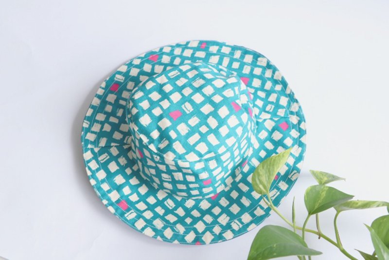 MaryWil double-sided handsome big brim hat- Teal small squares - Hats & Caps - Cotton & Hemp Multicolor