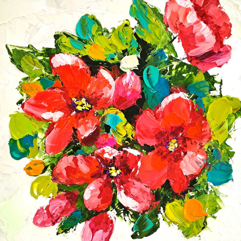 Wild Roses Painting Rose Original Art Rosehip Impasto Oil Painting Floral Art - โปสเตอร์ - วัสดุอื่นๆ หลากหลายสี