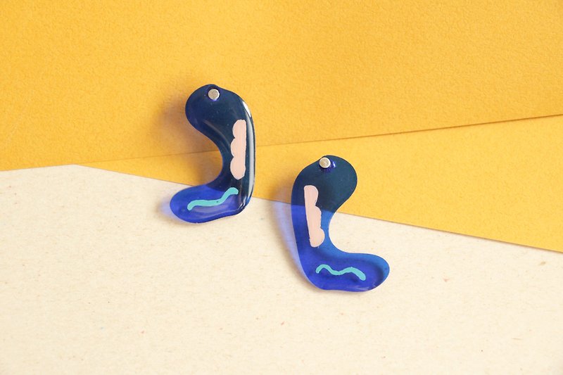 插畫耳環 耳針 耳夾 藍色 - 耳環/耳夾 - 樹脂 橘色