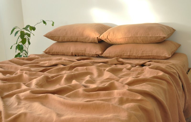 Clay linen sheet set / Flat+fitted sheet+2 pillowcases / Brown bedding - 寢具/床包 - 亞麻 咖啡色