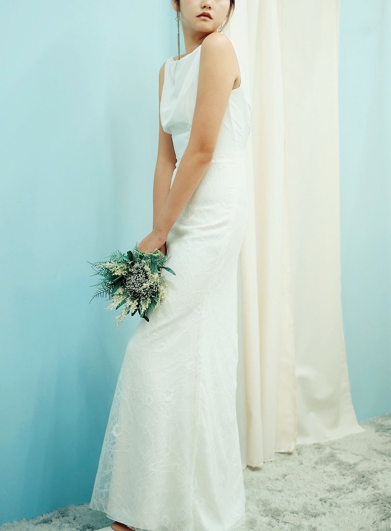 Love Philosophy Bridal Sleek minimalist wedding dress - one-sleeve lace halter dress - One Piece Dresses - Other Materials White