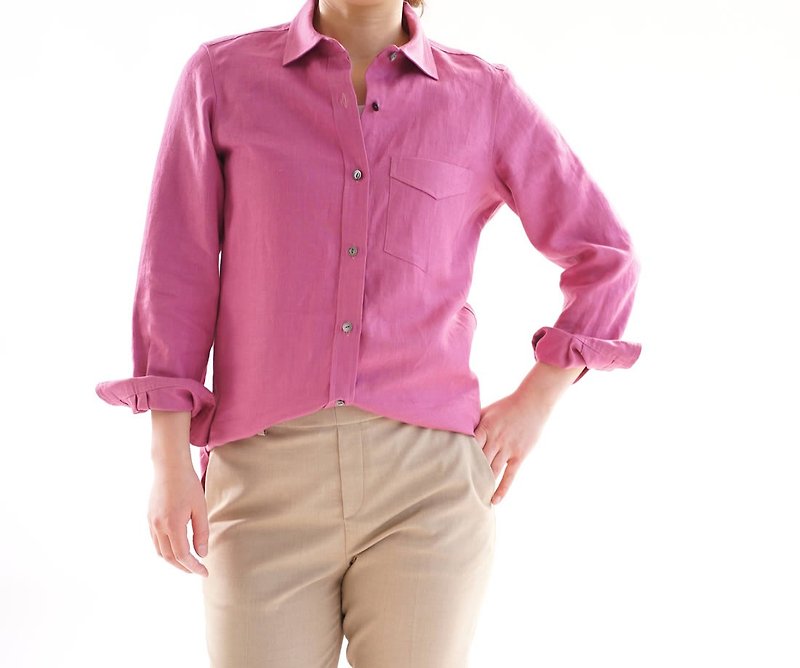 women's linen shirt / dress shirt / long sleeve / Italian rose b32-15 - เสื้อเชิ้ตผู้หญิง - ผ้าฝ้าย/ผ้าลินิน สึชมพู