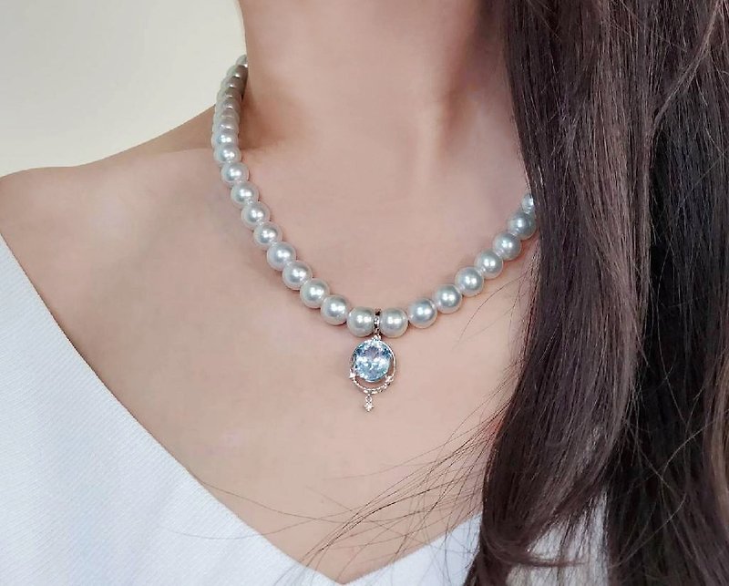 Aquamarine pendant/Japanese Akoya Linen gray pearl necklace set - สร้อยคอ - หยก สีน้ำเงิน