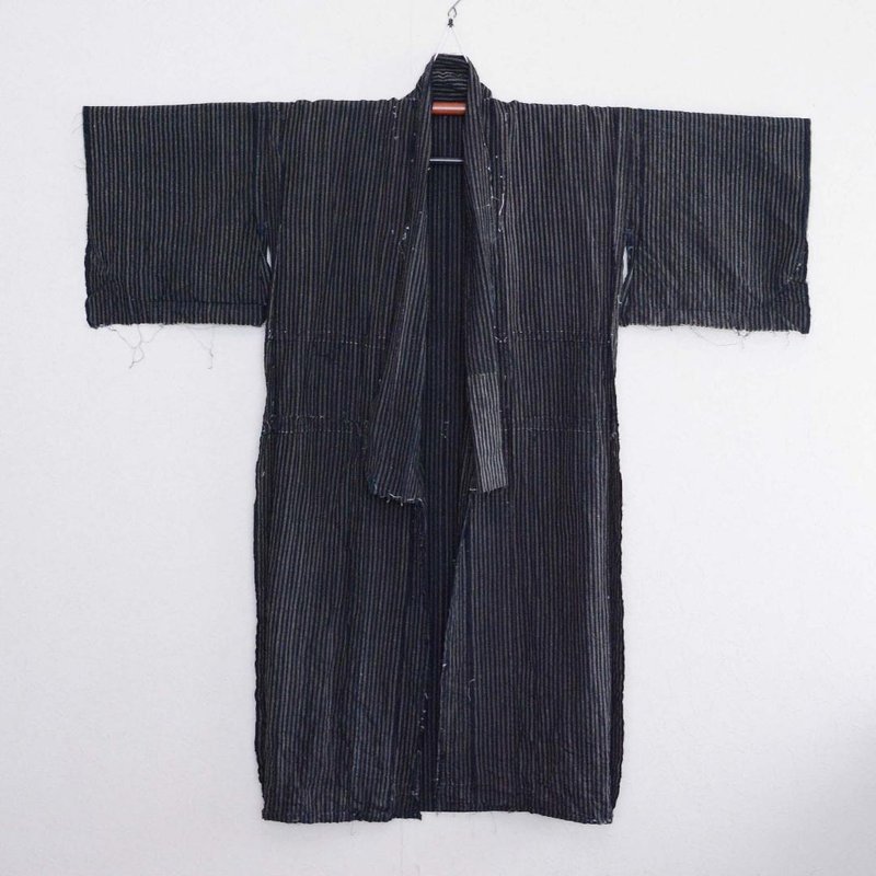 和服拆線靛藍染色條紋圖案棉翻版材料日本複古大正昭和 - 男夾克/外套 - 棉．麻 藍色