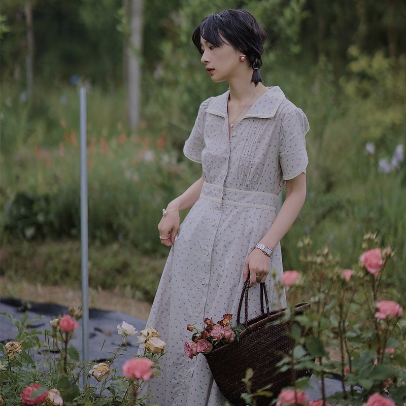 薰衣草印花收腰連衣裙|洋裝|夏款|Sora-956 - 洋裝/連身裙 - 棉．麻 
