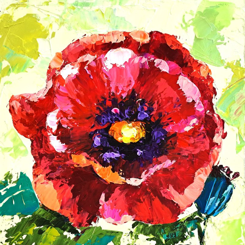 Poppy Painting Floral Original Art Impasto Oil Painting Flowers Small Artwork - 海報/掛畫/掛布 - 其他材質 多色