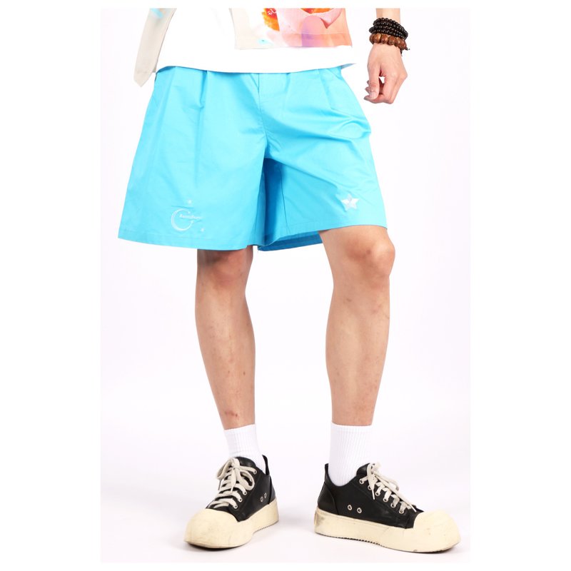 舒適百慕達五分短褲__粉藍色純棉繡花短褲 - 長褲/短褲 - 棉．麻 藍色