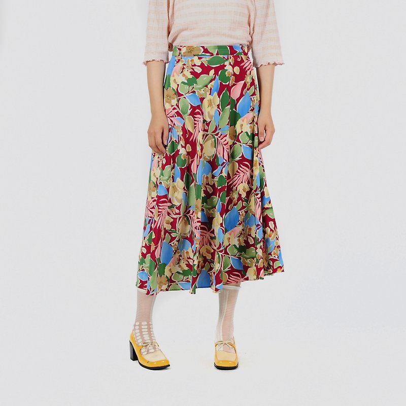 [Egg Plant Vintage] South Island Garden Printed High Waist Vintage Dress - Skirts - Polyester Multicolor