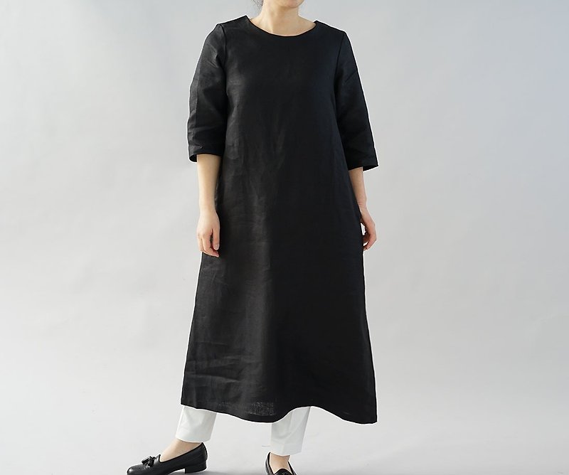 wafu - 純亞麻洋裝 Midweight Linen Simple A-line Dress / Black a032d-bck2