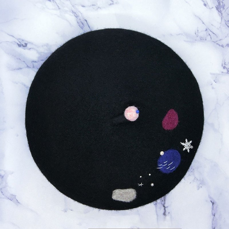 【Shell art】 100% pure wool felt berets (snowflake black) - หมวก - ขนแกะ สีดำ