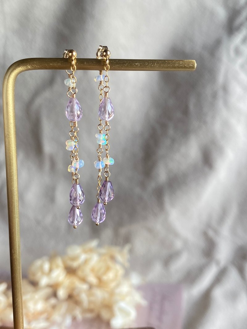 Amethyst Water Drop & Opal 2-Way || 14K Gold Filled Earrings - Earrings & Clip-ons - Crystal Purple