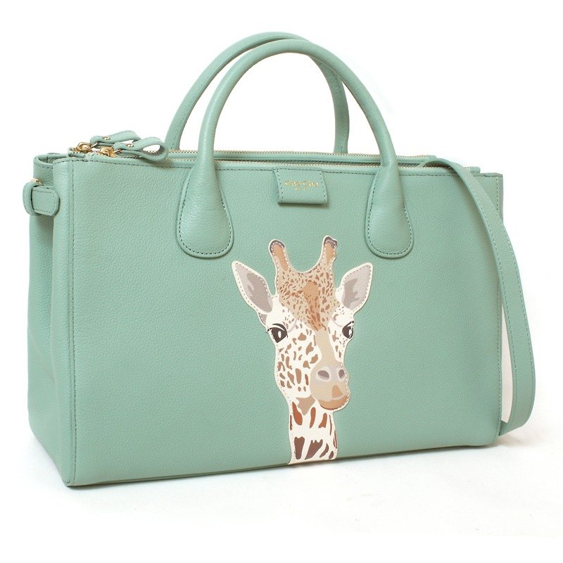 Fantasy World Giraffe Appliqué Leather Double-Zip Tote Bag - Handbags & Totes - Genuine Leather Green