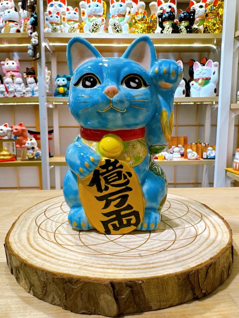 【菊靛納福】日本清水燒招財貓 | 水色黃菊 - 擺飾/家飾品 - 瓷 藍色