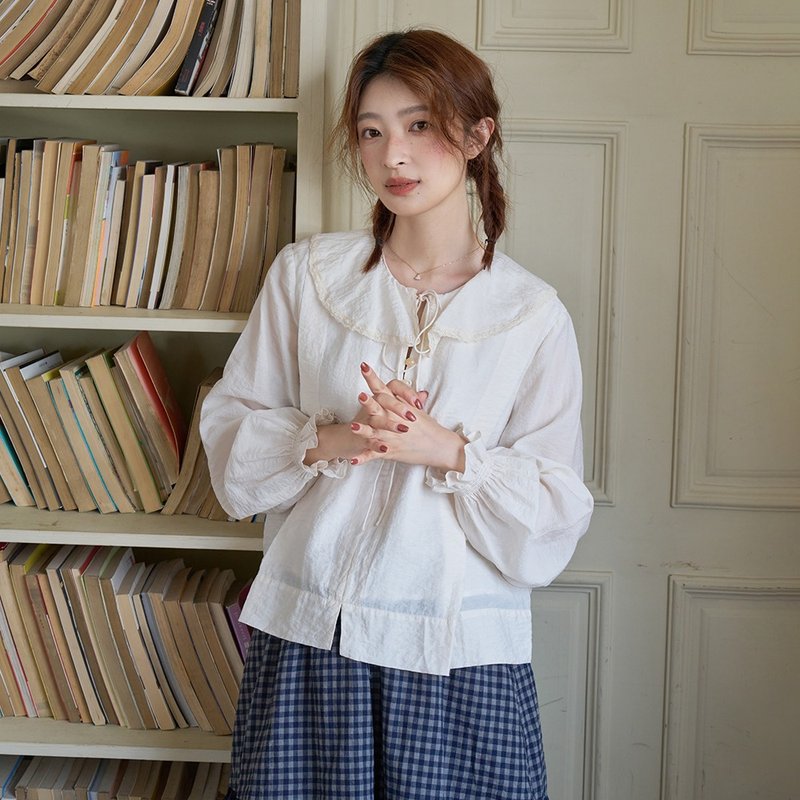 干絲褶皺肌理娃娃衫|襯衫|夏秋款|Sora-1874 - 女襯衫 - 其他人造纖維 白色