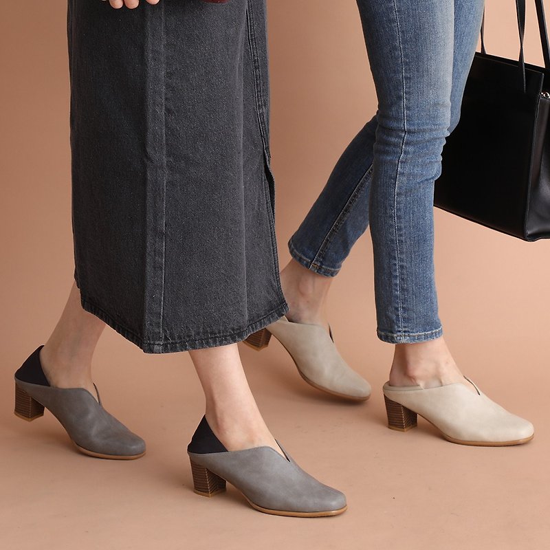 Two ways to wear- Large capacity square toe cushion high heels - รองเท้าส้นสูง - หนังเทียม สีกากี