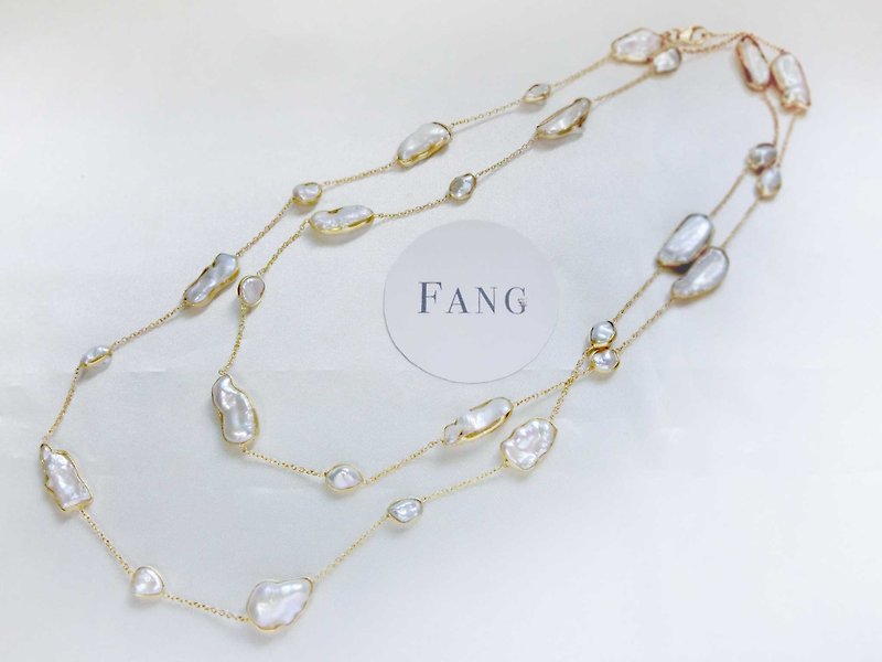 ❖FANG ❖ shaped natural freshwater beads long chain / long chain / necklace - สร้อยคอ - เครื่องเพชรพลอย ขาว