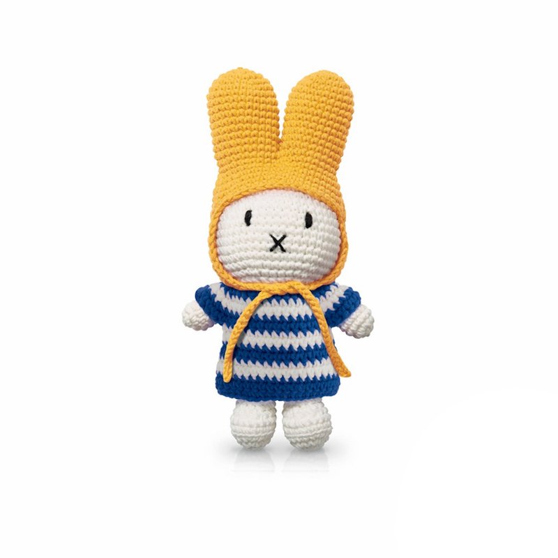 荷蘭Miffy米菲兔 純棉全手工 Miffy兔 藍白條紋洋裝+兔兔黃帽 - 公仔/玩偶 - 棉．麻 藍色
