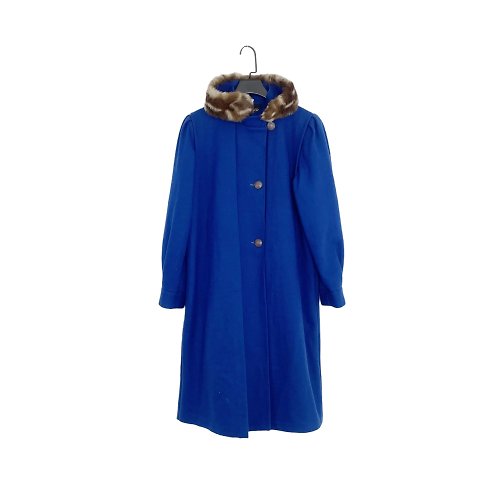 蘿綺莉蕾芭索 藍色 毛料 略厚挺 假兩件式 可拆毛領 古董 外套 大衣 OPME15