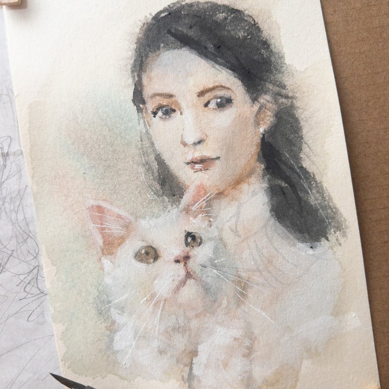 [Painting you and your pet] Portraits in oil painting style, watercolor illustrations, custom portraits, hand-painted original paintings - ภาพวาดบุคคล - กระดาษ 