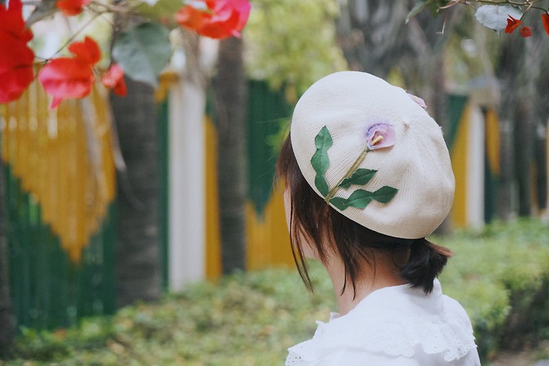 Lu Li tower hand-made cotton Linen handmade cloth embroidered hats Summer painter cap - หมวก - เส้นใยสังเคราะห์ สีกากี
