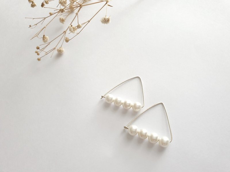 Triangle With Pearl Hoop Earrings, Geometric, Shell Pearl - Earrings & Clip-ons - Pearl White