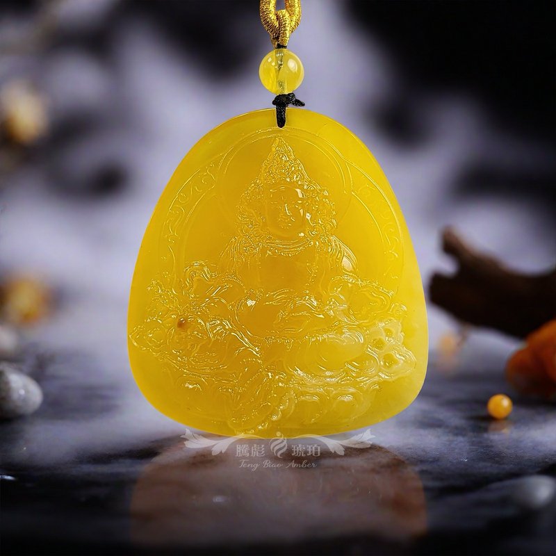 騰彪琥珀 天然琥珀蜜蠟 金絞飄花 黃財神掛件 典藏招財 項鍊墜 - 項鍊 - 半寶石 黃色
