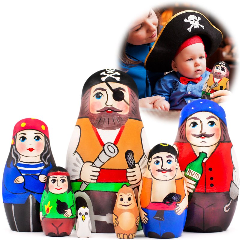 Pirate Nesting Dolls Set 7 pcs - Birthday Gifts for Kids - Russian Dolls Pirates - ของเล่นเด็ก - ไม้ หลากหลายสี