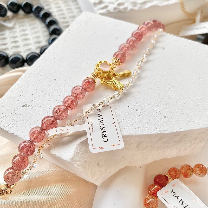 Crystalvia attracts peach blossoms and helps positive emotions - Strawberry crystal double layer bracelet 7mm+ - สร้อยข้อมือ - คริสตัล 