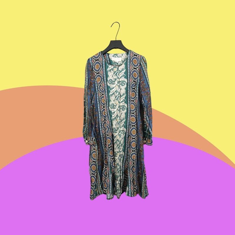 Second-hand MOLAER Teal totem printed button strap pocket long-sleeved dress CA807 - ชุดเดรส - เส้นใยสังเคราะห์ สีเขียว