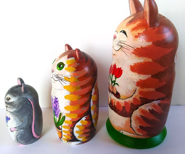 猫の絵マトリョーシカオリジナルアート木製人形動物アート手作り