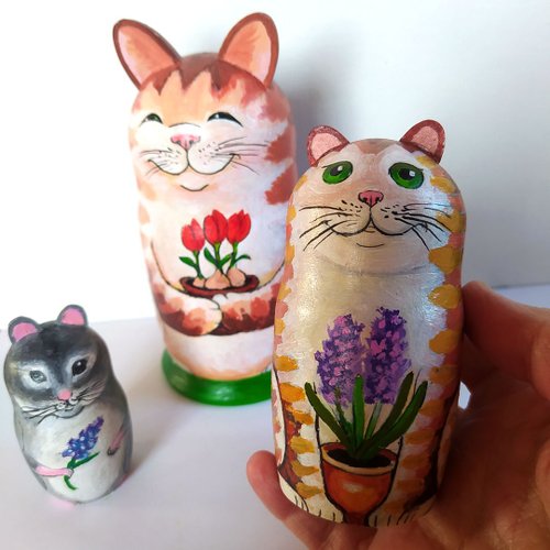 猫　サバトラ　ぬいぐるみ　マトリョーシカ　日本画　絵画　原画 猫 サバトラ ぬいぐるみ マトリョーシカ 日本画 絵画 原画