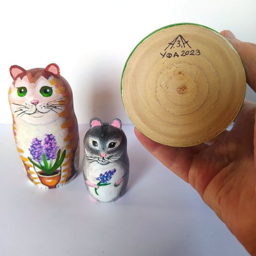 猫　サバトラ　ぬいぐるみ　マトリョーシカ　日本画　絵画　原画 猫の絵マトリョーシカオリジナルアート木製人形動物アート手作り