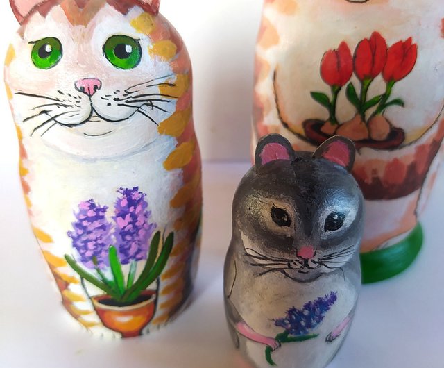 猫　サバトラ　ぬいぐるみ　マトリョーシカ　日本画　絵画　原画 猫の絵マトリョーシカオリジナルアート木製人形動物アート手作り