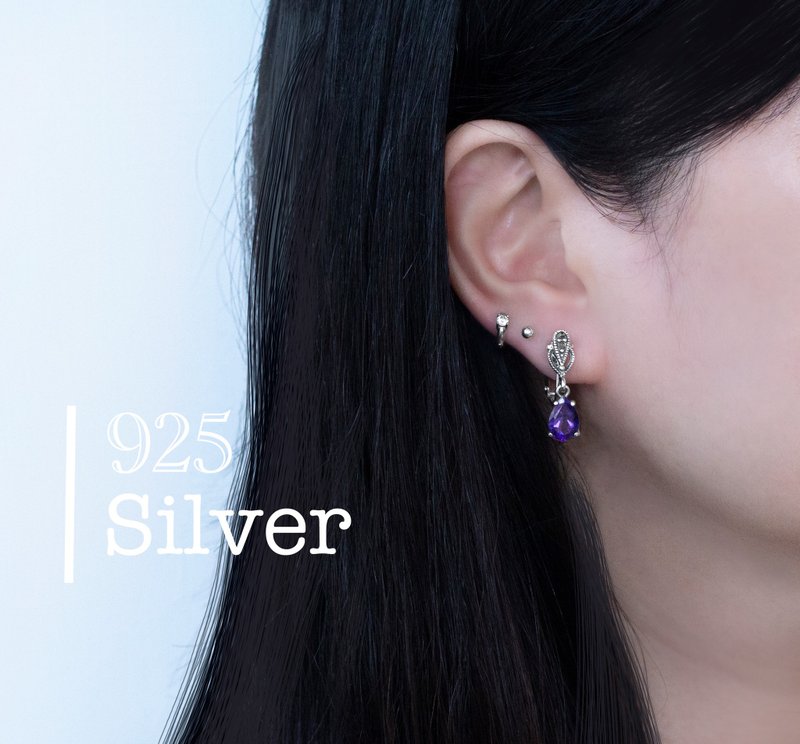 :紫色飛燕草: 925Silver 夾式耳環 - 耳環/耳夾/耳骨夾 - 純銀 